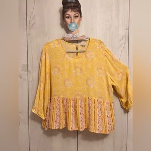 Yellow gauze floral babydoll top